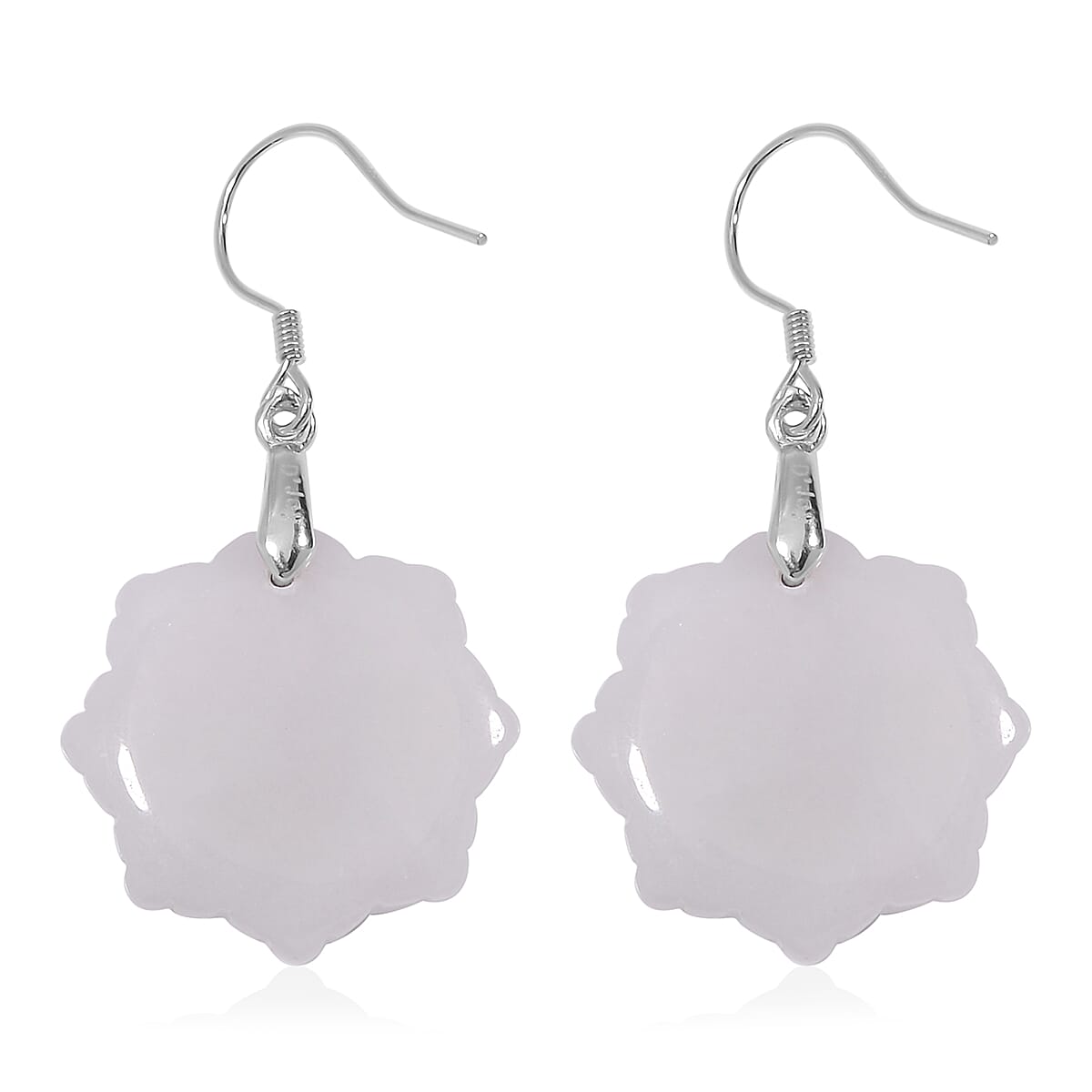 Natural Jade 35.00 ctw Carved Flower Earrings in Rhodium Over Sterling Silver