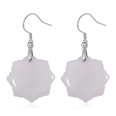 Natural Jade 35.00 ctw Carved Flower Earrings in Rhodium Over Sterling Silver