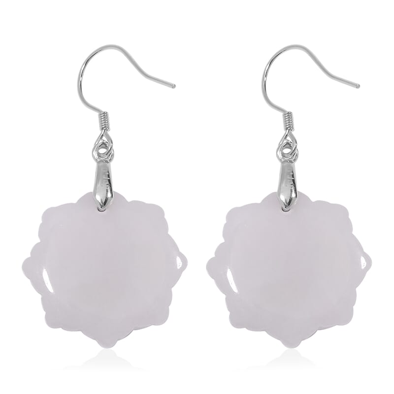 Natural Jade 35.00 ctw Carved Flower Earrings in Rhodium Over Sterling Silver