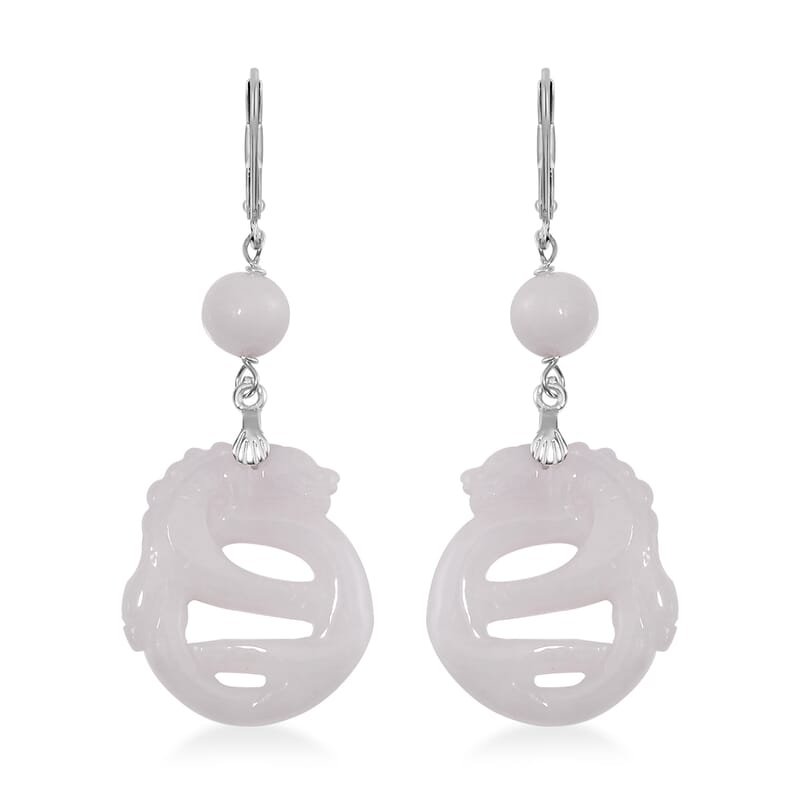 Natural Jade 40.00 ctw Carved Dragon Earrings in Rhodium Over Sterling Silver