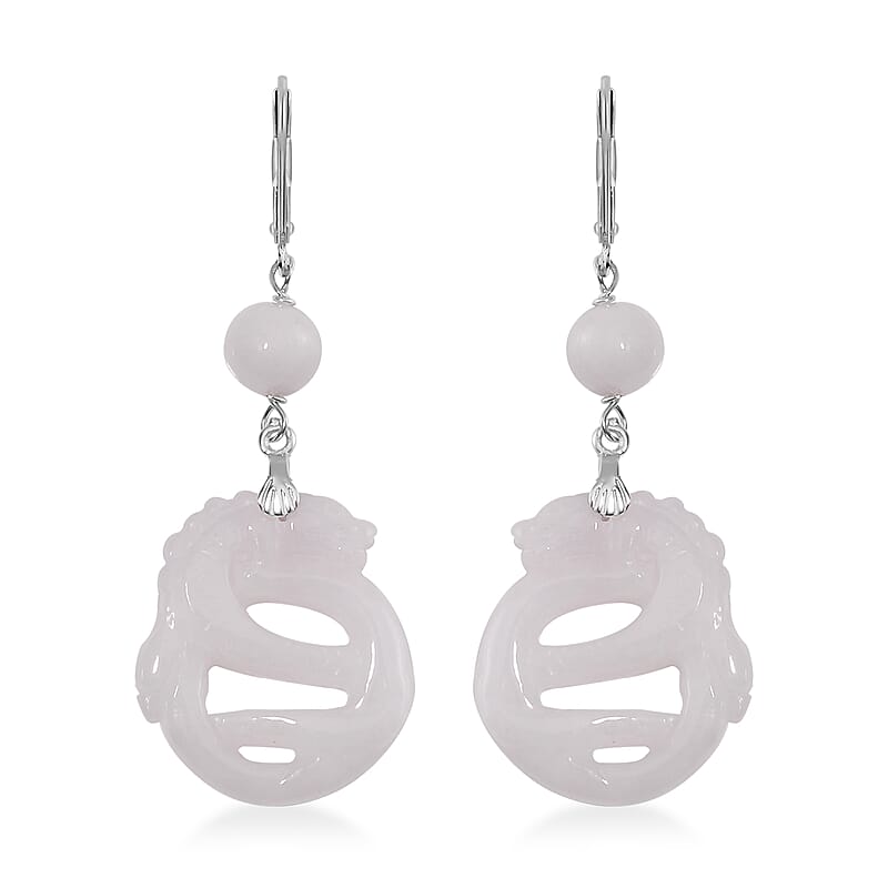 Natural Jade 40.00 ctw Carved Dragon Earrings in Rhodium Over Sterling Silver