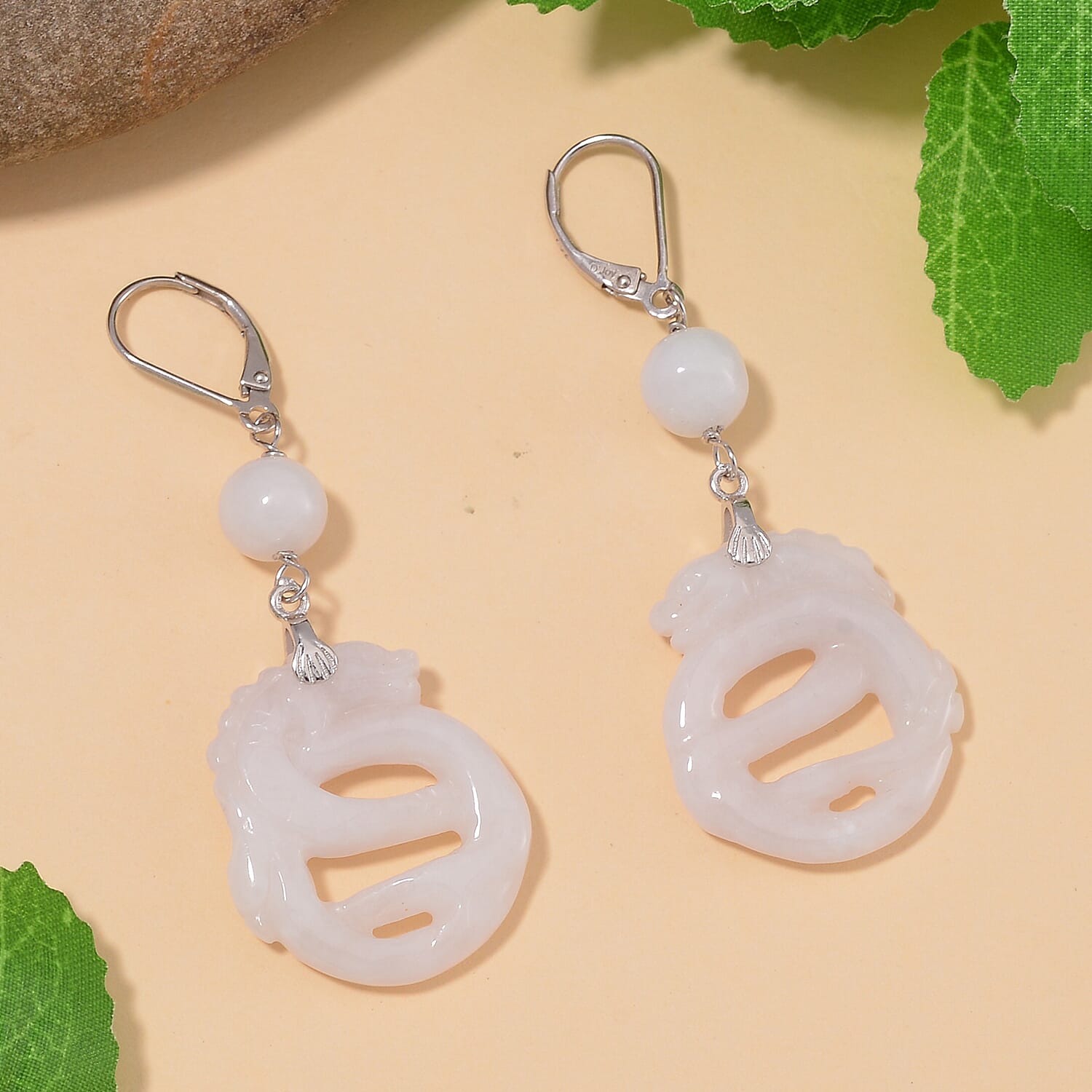 Natural Jade 40.00 ctw Carved Dragon Earrings in Rhodium Over Sterling Silver