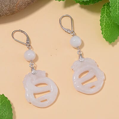 Natural Jade 40.00 ctw Carved Dragon Earrings in Rhodium Over Sterling Silver