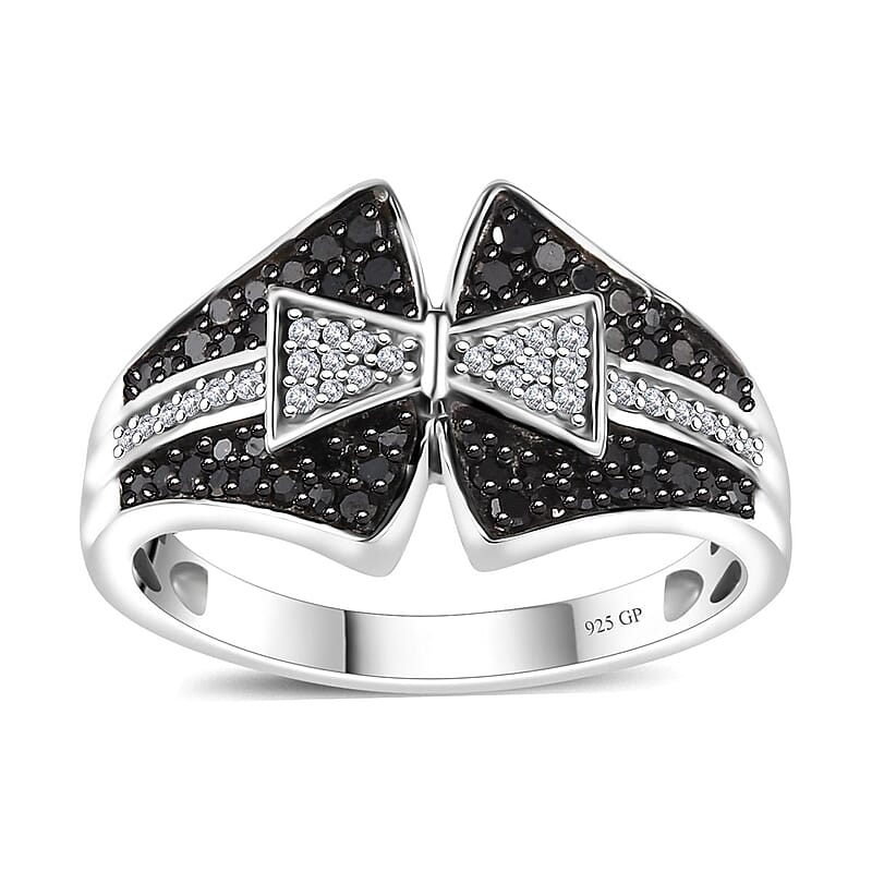 GP Royal Art Deco Collection Black and White Diamond 0.55 ctw Ring in Rhodium Over Sterling Silver (Size 10.0)