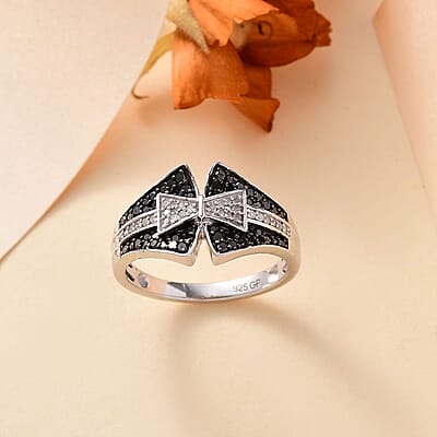 GP Royal Art Deco Collection Black and White Diamond 0.55 ctw Ring in Rhodium Over Sterling Silver (Size 10.0)