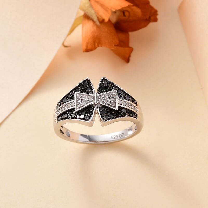 GP Royal Art Deco Collection Black and White Diamond 0.55 ctw Ring in Rhodium Over Sterling Silver (Size 10.0)