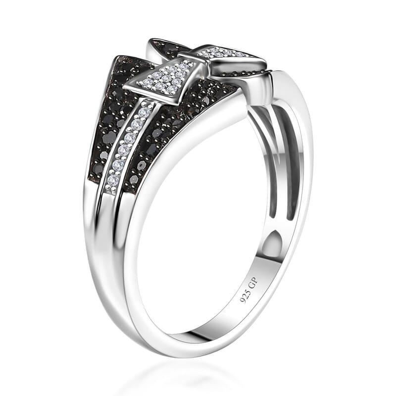 GP Royal Art Deco Collection Black and White Diamond 0.55 ctw Ring in Rhodium Over Sterling Silver (Size 10.0)