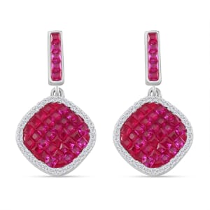 Simulated White and Ruby Color Diamond Mosaic Earrings in Rhodium Over Sterling Silver