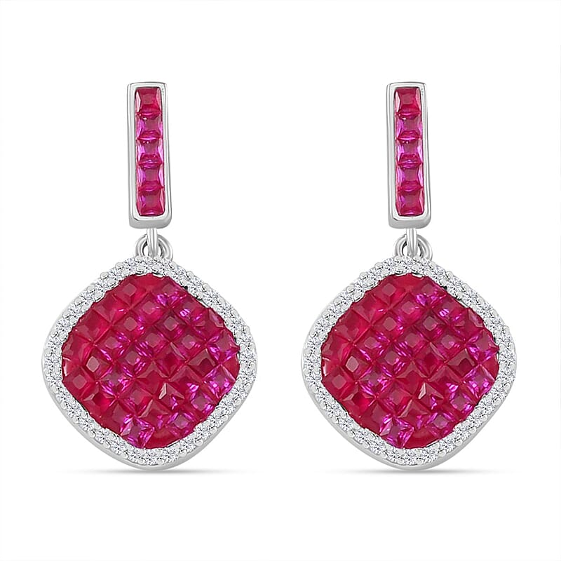 Simulated White and Ruby Color Diamond Mosaic Earrings in Rhodium Over Sterling Silver