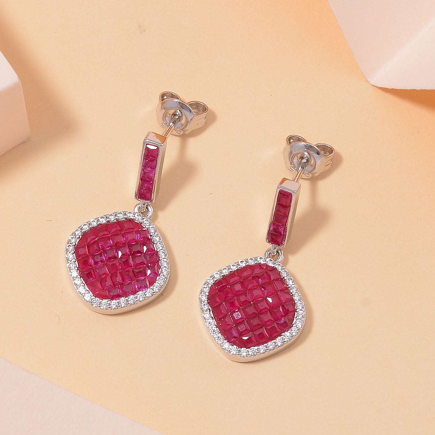 Simulated White and Ruby Color Diamond Mosaic Earrings in Rhodium Over Sterling Silver