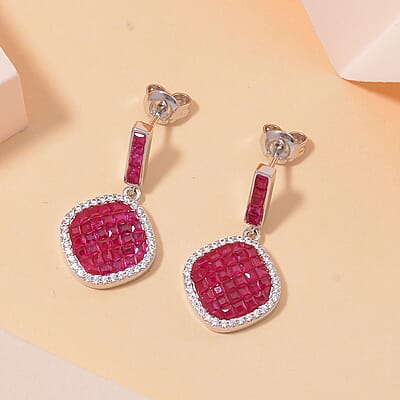 Simulated White and Ruby Color Diamond Mosaic Earrings in Rhodium Over Sterling Silver