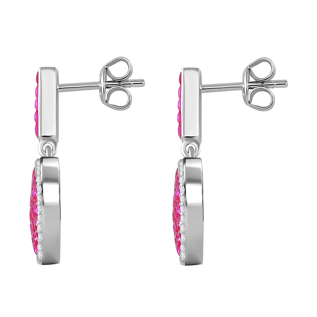 Simulated White and Ruby Color Diamond Mosaic Earrings in Rhodium Over Sterling Silver