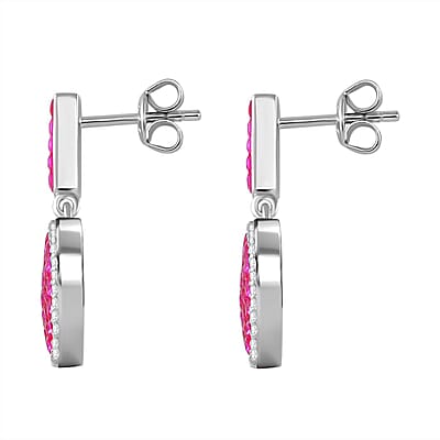 Simulated White and Ruby Color Diamond Mosaic Earrings in Rhodium Over Sterling Silver