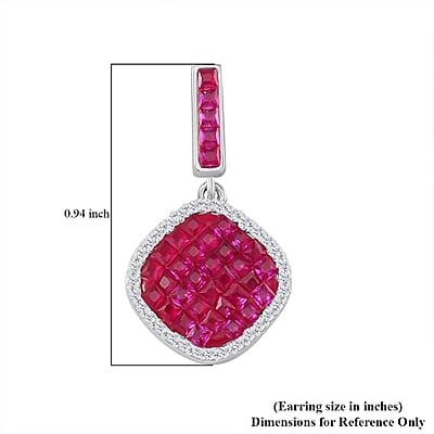 Simulated White and Ruby Color Diamond Mosaic Earrings in Rhodium Over Sterling Silver
