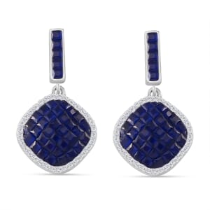 Simulated White and Blue Diamond Mosaic Earrings in Rhodium Over Sterling Silver
