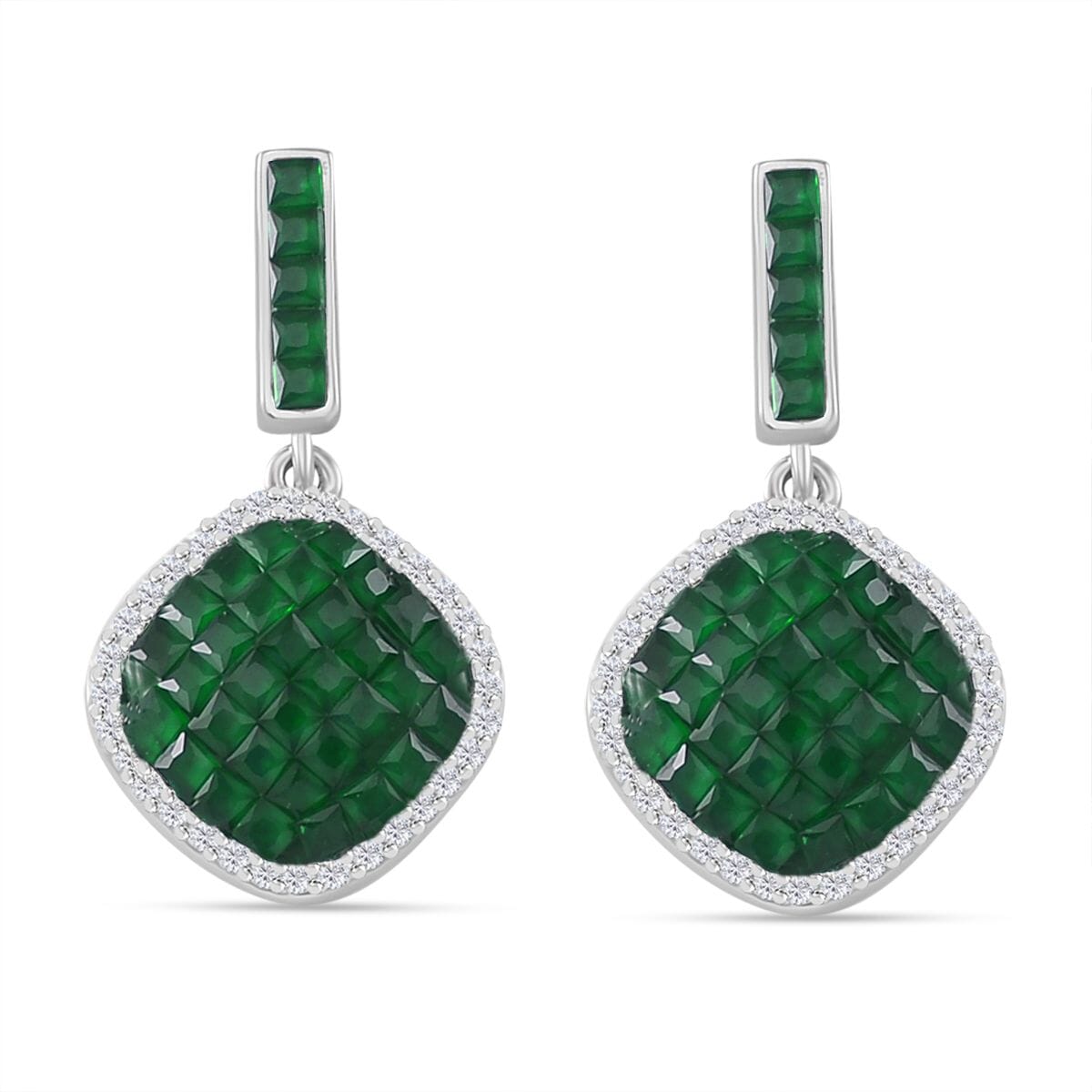 Simulated White and Green Diamond Mosaic Earrings in Rhodium Over Sterling Silver image number 0