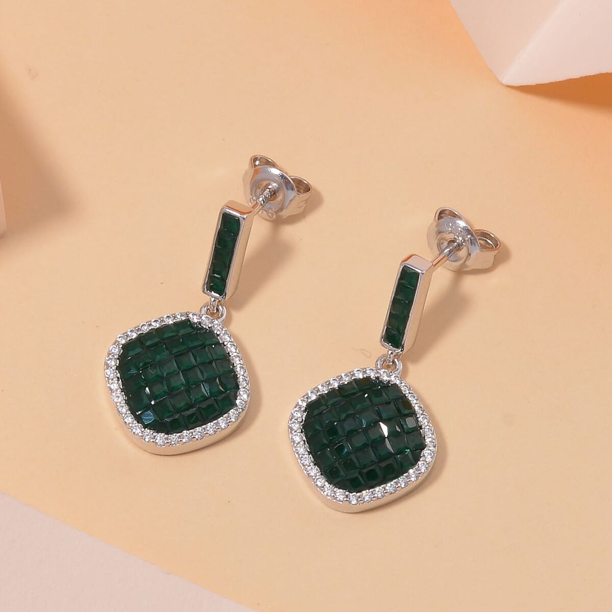 Simulated White and Green Diamond Mosaic Earrings in Rhodium Over Sterling Silver image number 1