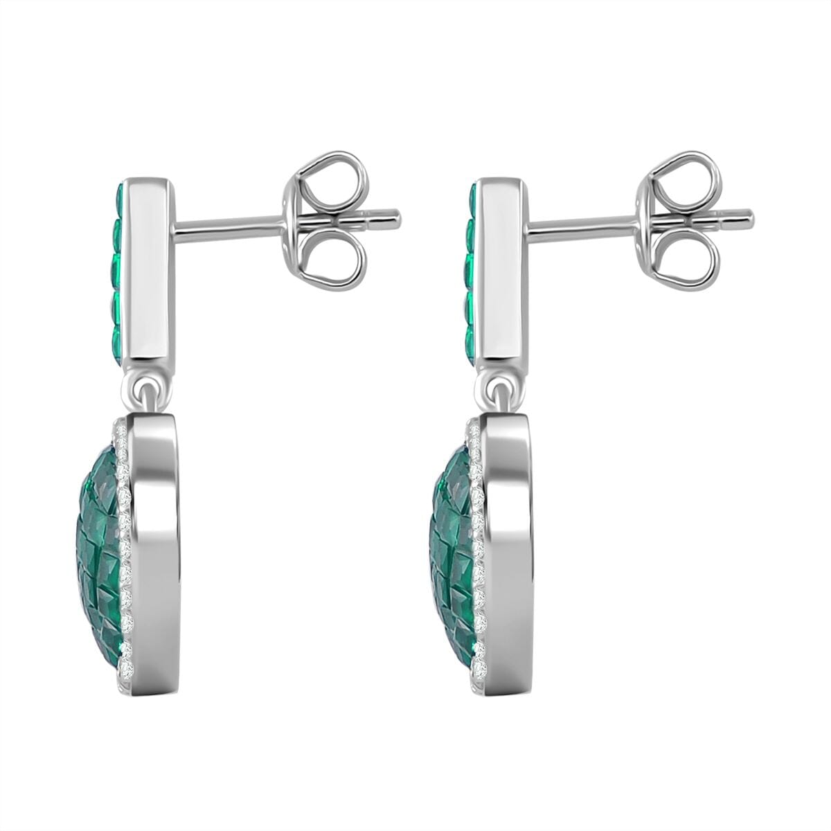 Simulated White and Green Diamond Mosaic Earrings in Rhodium Over Sterling Silver image number 3