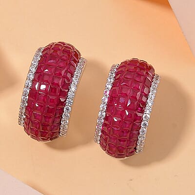 Simulated White and Ruby Color Diamond Latch Back Earrings in Rhodium Over Sterling Silver