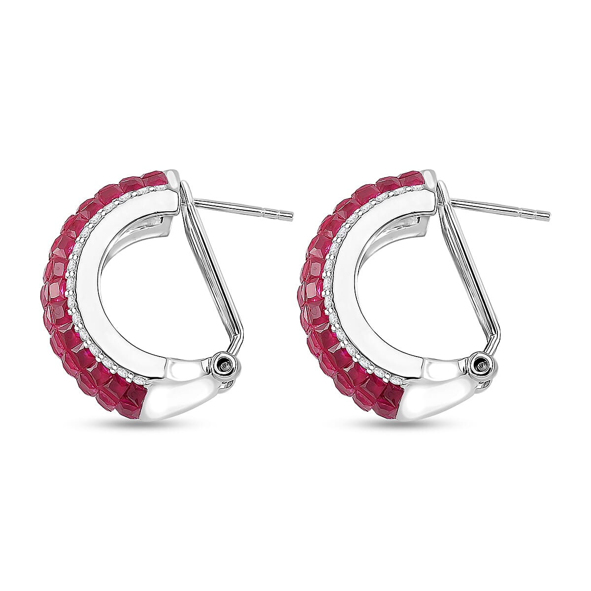 Simulated White and Ruby Color Diamond Latch Back Earrings in Rhodium Over Sterling Silver