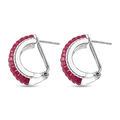 Simulated White and Ruby Color Diamond Latch Back Earrings in Rhodium Over Sterling Silver