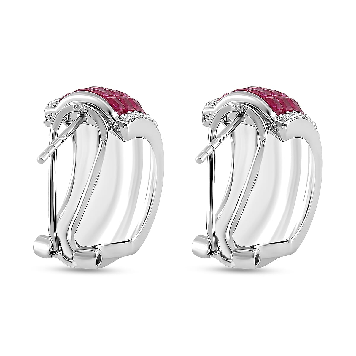 Simulated White and Ruby Color Diamond Latch Back Earrings in Rhodium Over Sterling Silver