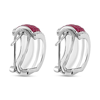 Simulated White and Ruby Color Diamond Latch Back Earrings in Rhodium Over Sterling Silver