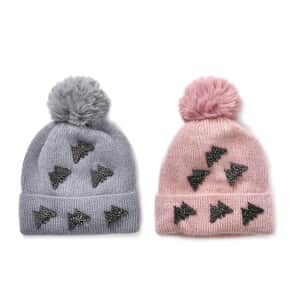 Doorbuster Set of 2 Grey and Pink Rib Knit Crystal Beanies – One Size Fits Most