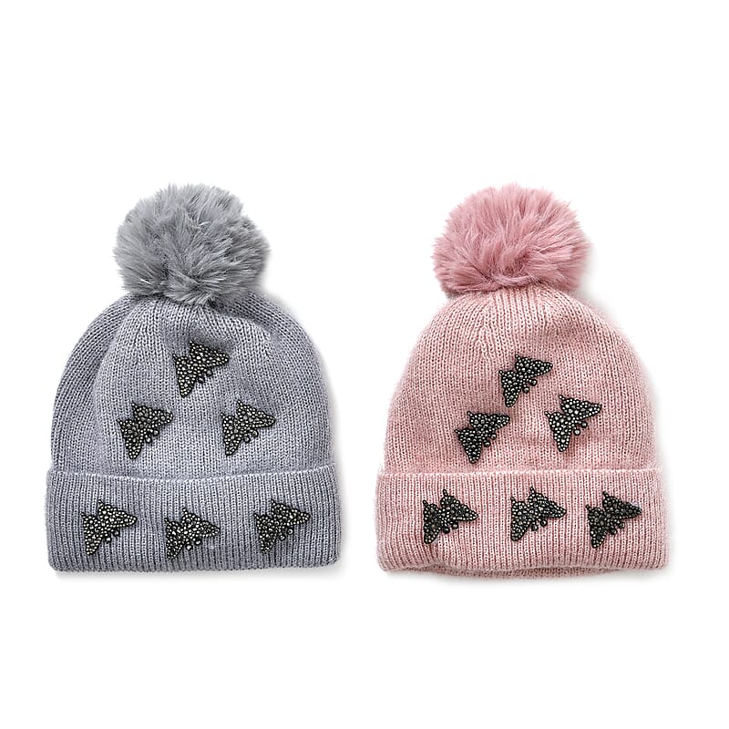 Set of 2 Gray and Pink Rib Knit Crystal Beanies – One Size Fits Most