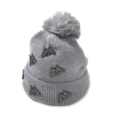 Set of 2 Gray and Pink Rib Knit Crystal Beanies – One Size Fits Most