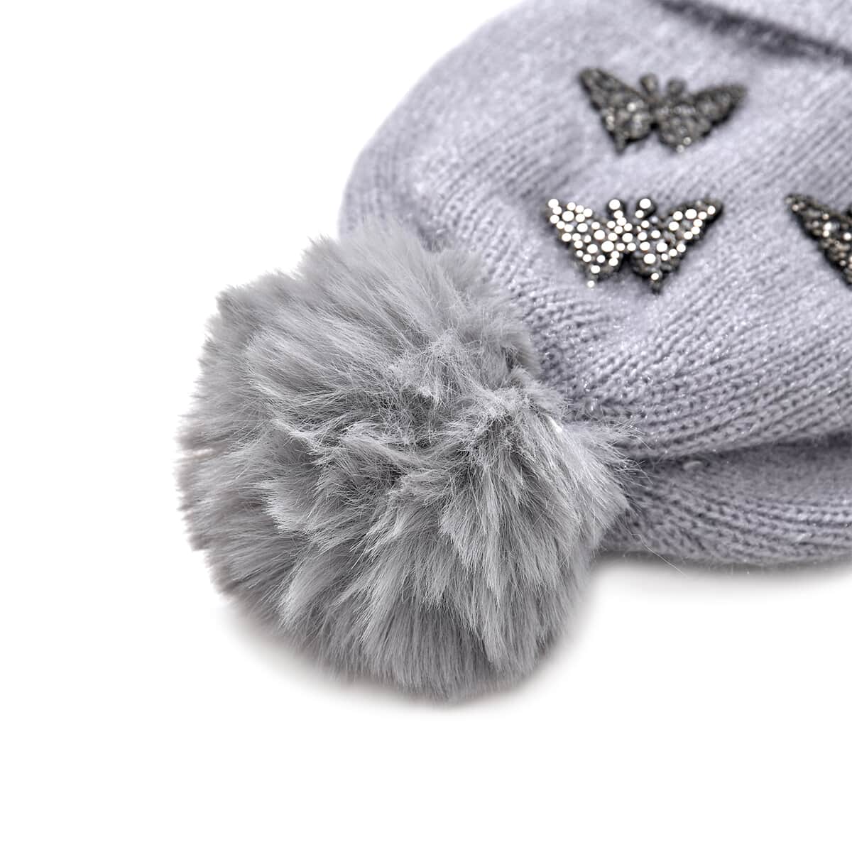 Doorbuster Set of 2 Gray and Pink Rib Knit Crystal Beanies – One Size Fits Most image number 2