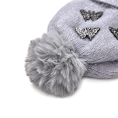 Set of 2 Gray and Pink Rib Knit Crystal Beanies – One Size Fits Most