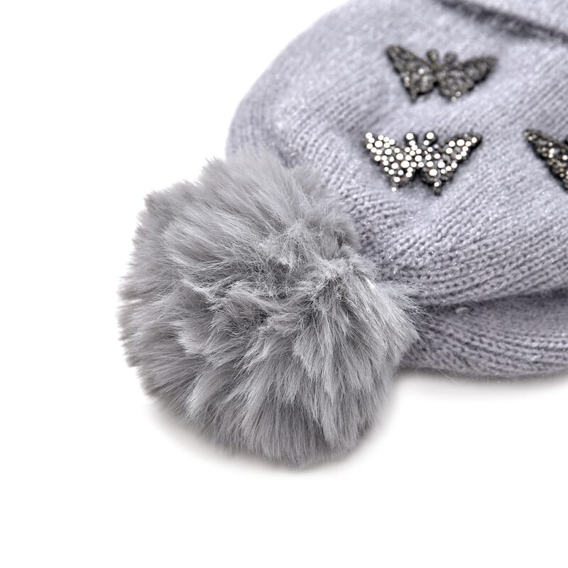 Set of 2 Gray and Pink Rib Knit Crystal Beanies – One Size Fits Most