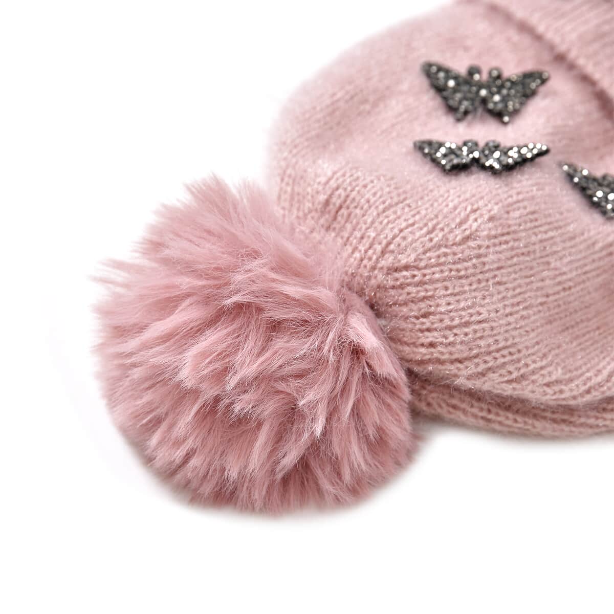 Doorbuster Set of 2 Gray and Pink Rib Knit Crystal Beanies – One Size Fits Most image number 6