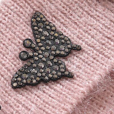 Set of 2 Gray and Pink Rib Knit Crystal Beanies – One Size Fits Most