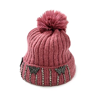 Set of 2 Rose and Ivory Rib Knit Crystal Beanies &ndash; One Size Fits Most