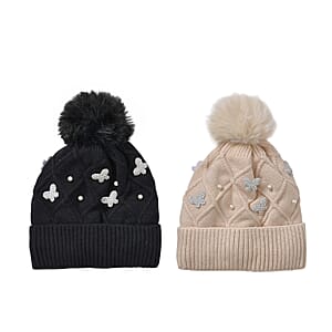 Set of 2 Black and Cream Rib Knit Crystal Beanies – One Size Fits Most