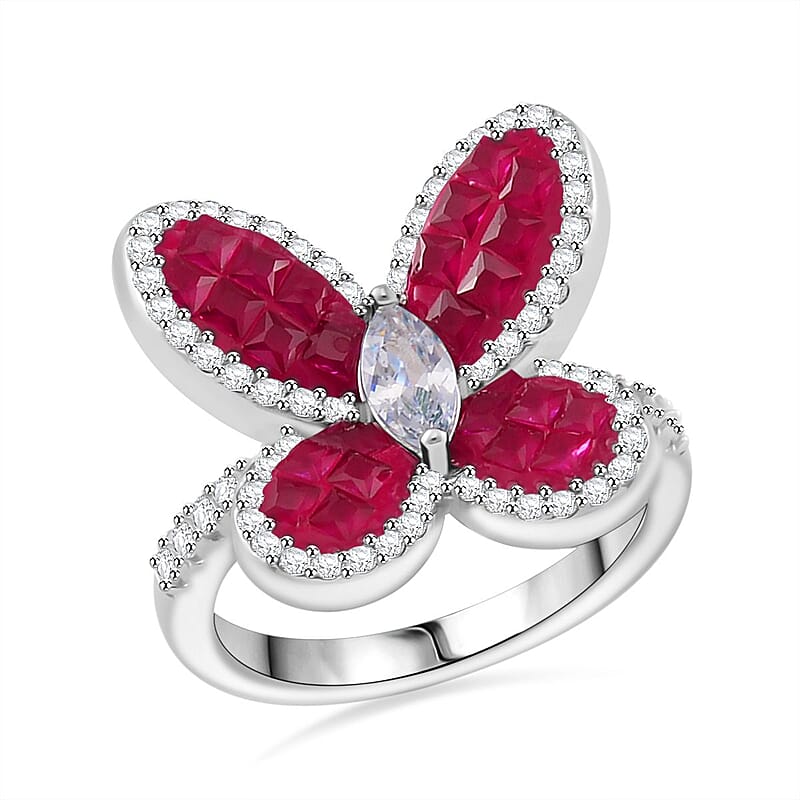 Simulated White and Ruby Color Diamond Butterfly Ring in Rhodium Over Sterling Silver (Size 10.0)