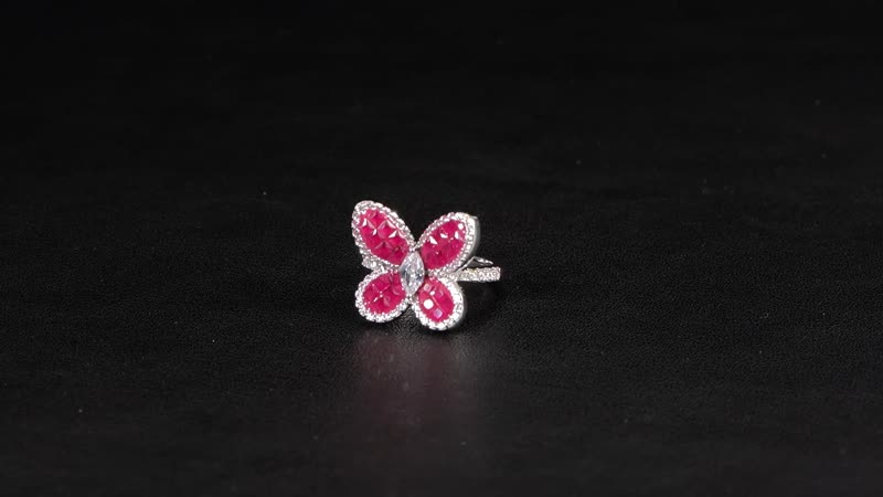 Simulated White and Ruby Color Diamond Butterfly Ring in Rhodium Over Sterling Silver (Size 10.0) 2.80 ctw