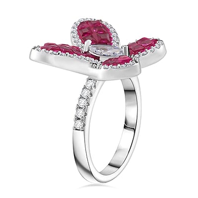 Simulated White and Ruby Color Diamond Butterfly Ring in Rhodium Over Sterling Silver (Size 10.0)