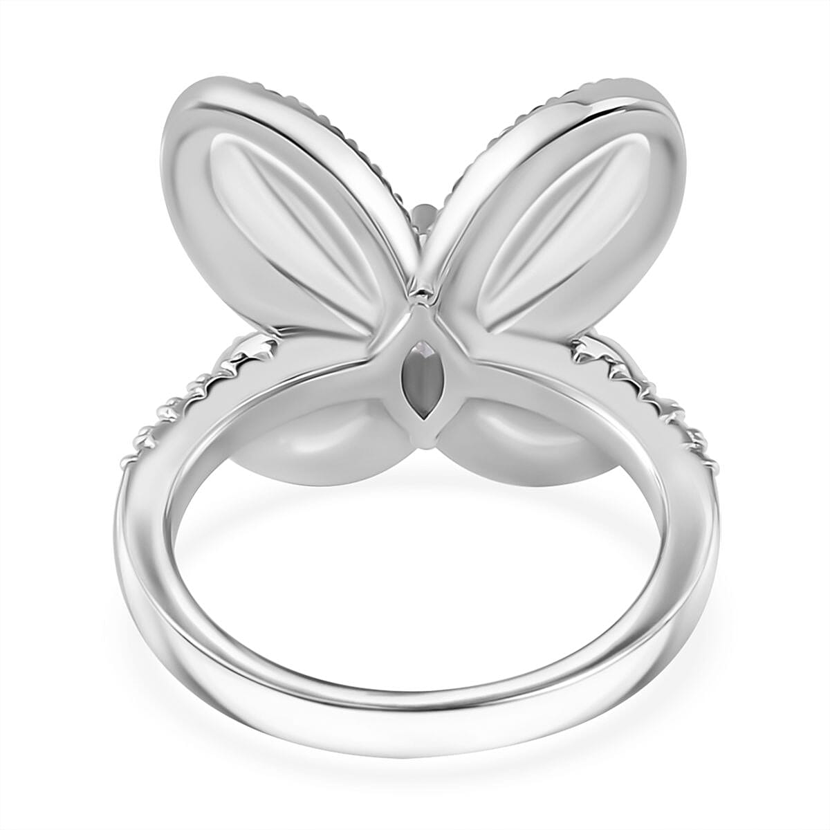 Simulated White and Ruby Color Diamond Butterfly Ring in Rhodium Over Sterling Silver (Size 10.0)