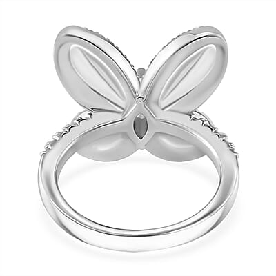 Simulated White and Ruby Color Diamond Butterfly Ring in Rhodium Over Sterling Silver (Size 10.0)