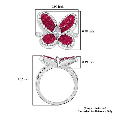 Simulated White and Ruby Color Diamond Butterfly Ring in Rhodium Over Sterling Silver (Size 10.0)