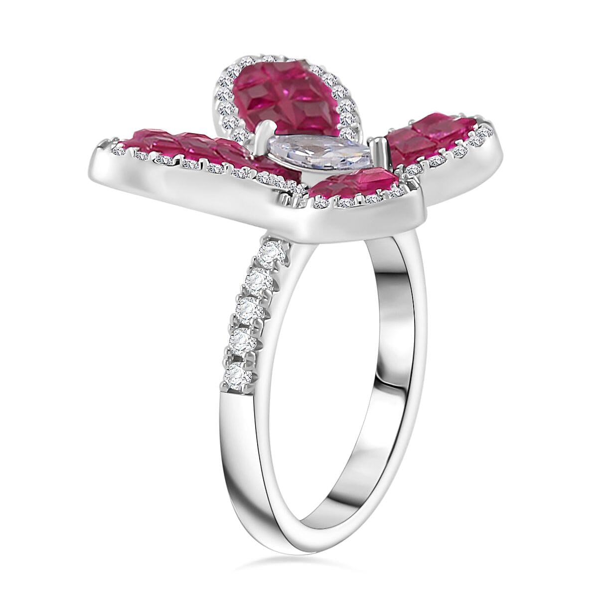 Simulated White and Ruby Color Diamond Butterfly Ring in Rhodium Over Sterling Silver (Size 8.0) image number 3