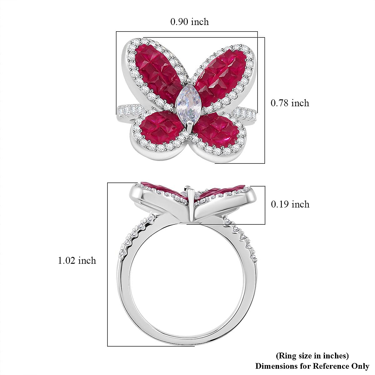 Simulated White and Ruby Color Diamond Butterfly Ring in Rhodium Over Sterling Silver (Size 8.0) image number 5