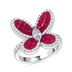 Simulated White and Ruby Color Diamond Butterfly Ring in Rhodium Over Sterling Silver (Size 9.0)