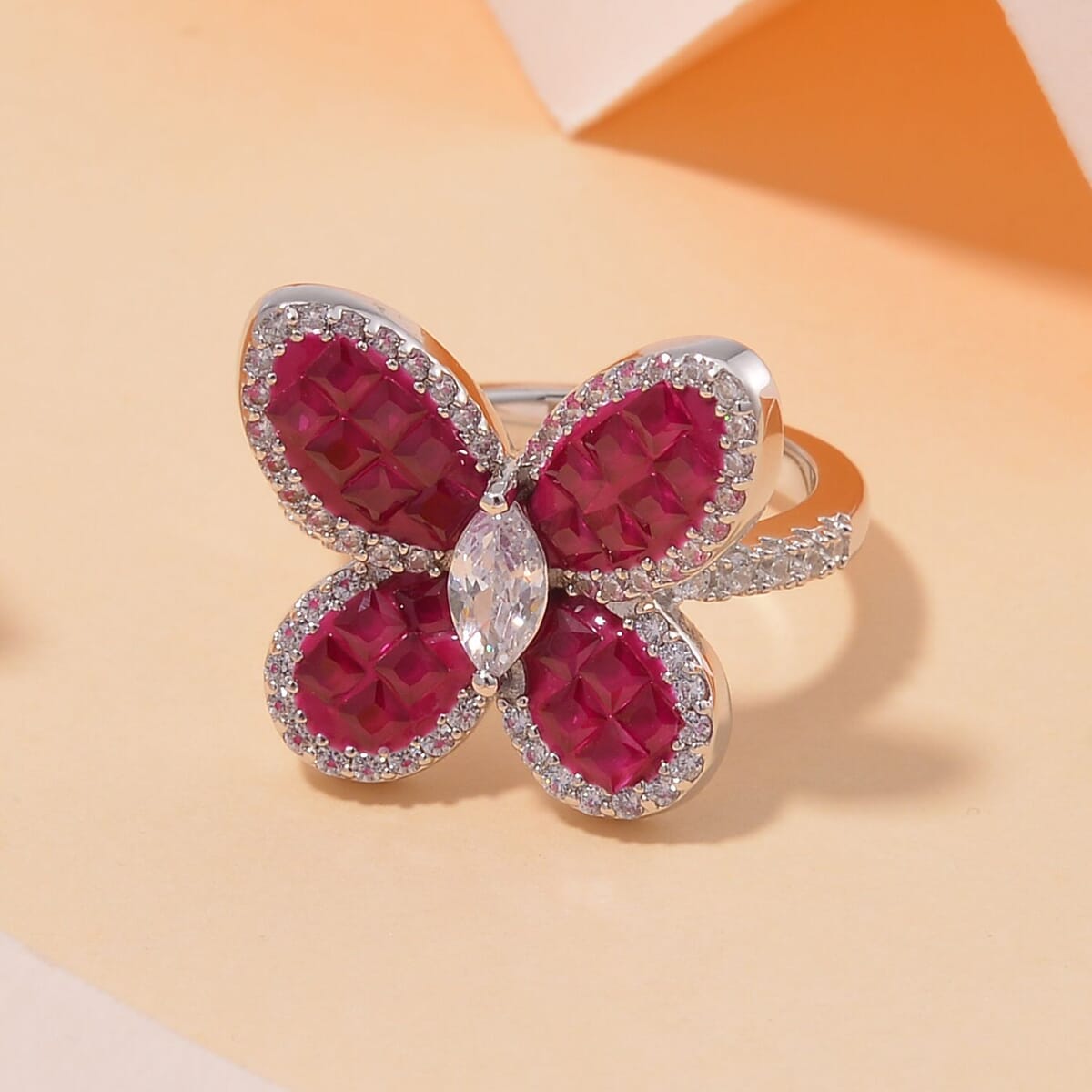 Simulated White and Ruby Color Diamond Butterfly Ring in Rhodium Over Sterling Silver (Size 9.0) image number 1