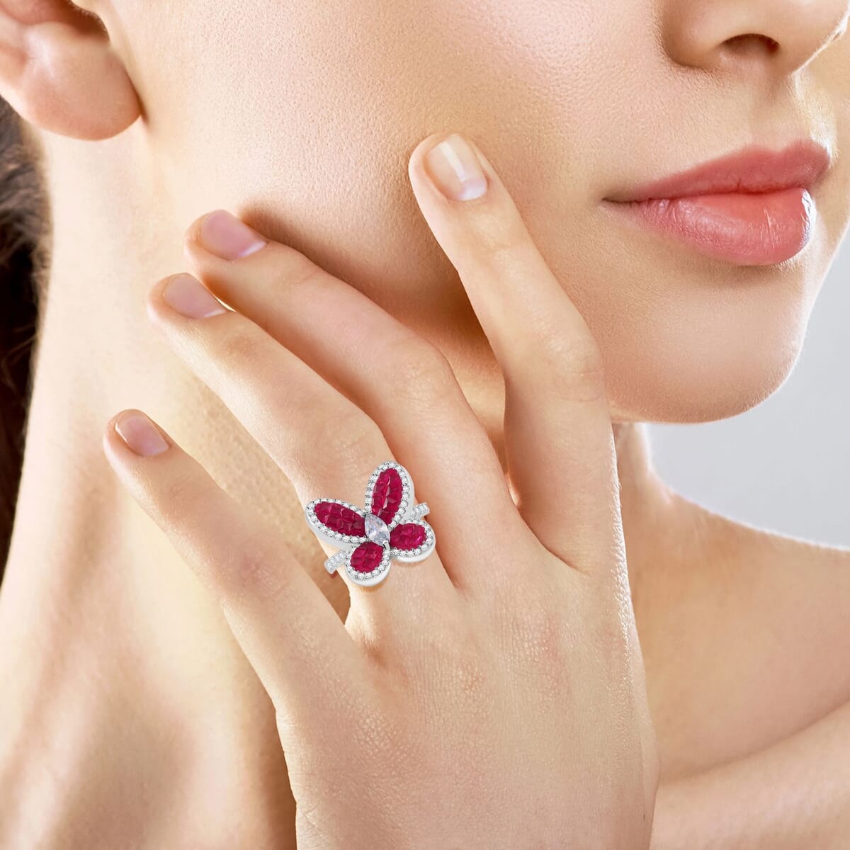 Simulated White and Ruby Color Diamond Butterfly Ring in Rhodium Over Sterling Silver (Size 9.0) image number 2