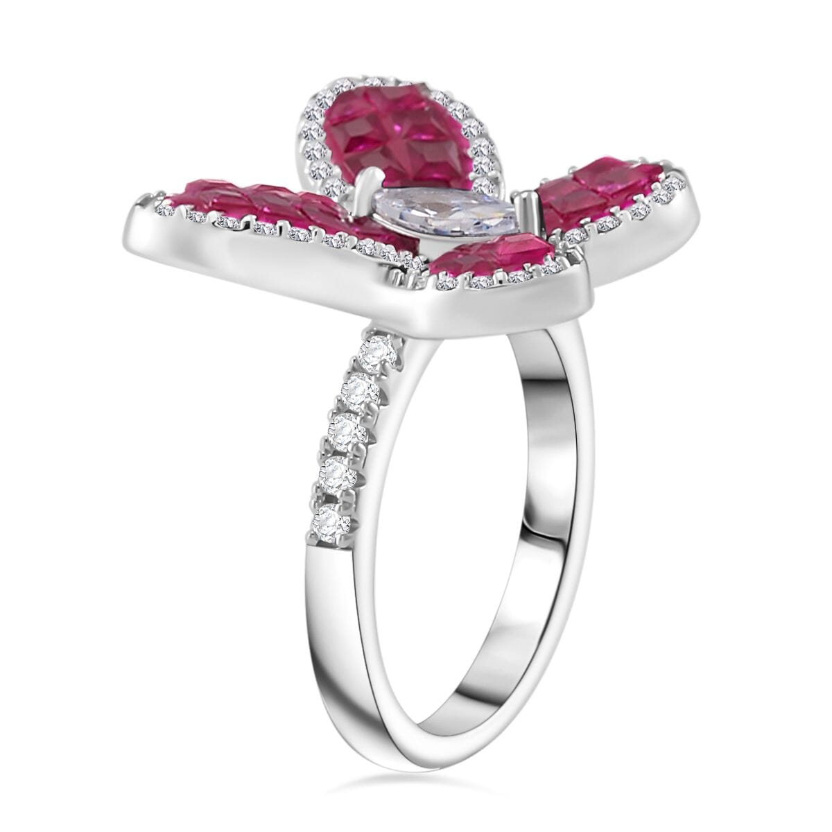 Simulated White and Ruby Color Diamond Butterfly Ring in Rhodium Over Sterling Silver (Size 9.0) image number 3