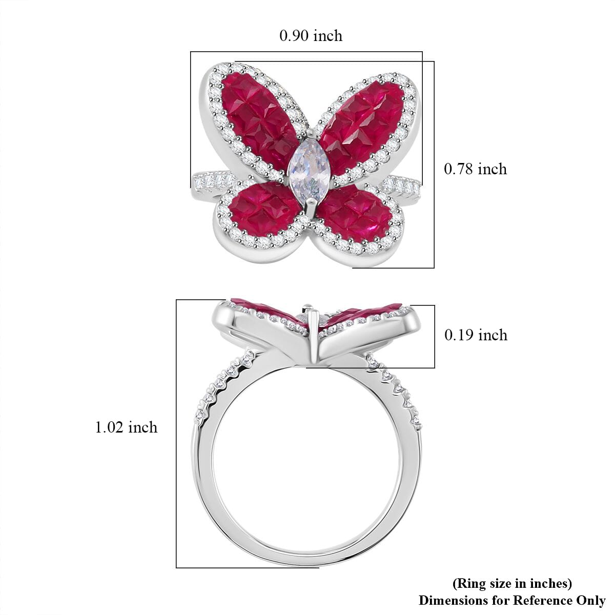 Simulated White and Ruby Color Diamond Butterfly Ring in Rhodium Over Sterling Silver (Size 9.0) image number 5
